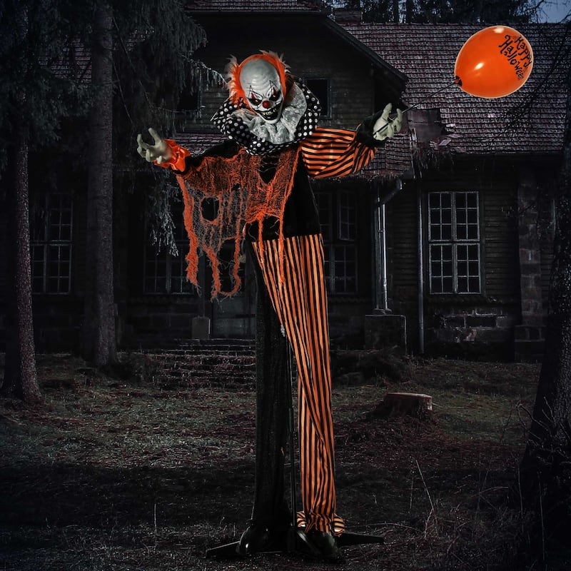 Outsunny 65" Outdoor Halloween Decorations Talking Circus Clown with A Balloon, Animated Prop with Light Up Eyes, Laughter - Black