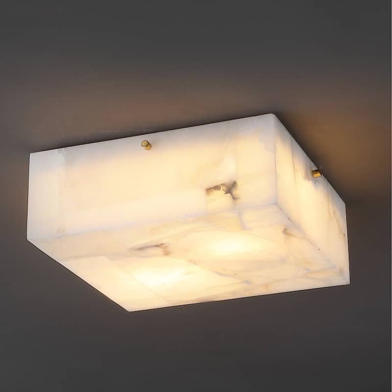 Alessia 13" 2-Light Modern Contemporary Alabaster/Iron Square LED Flush Mount, White Marbling/Brass Gold by JONATHAN Y