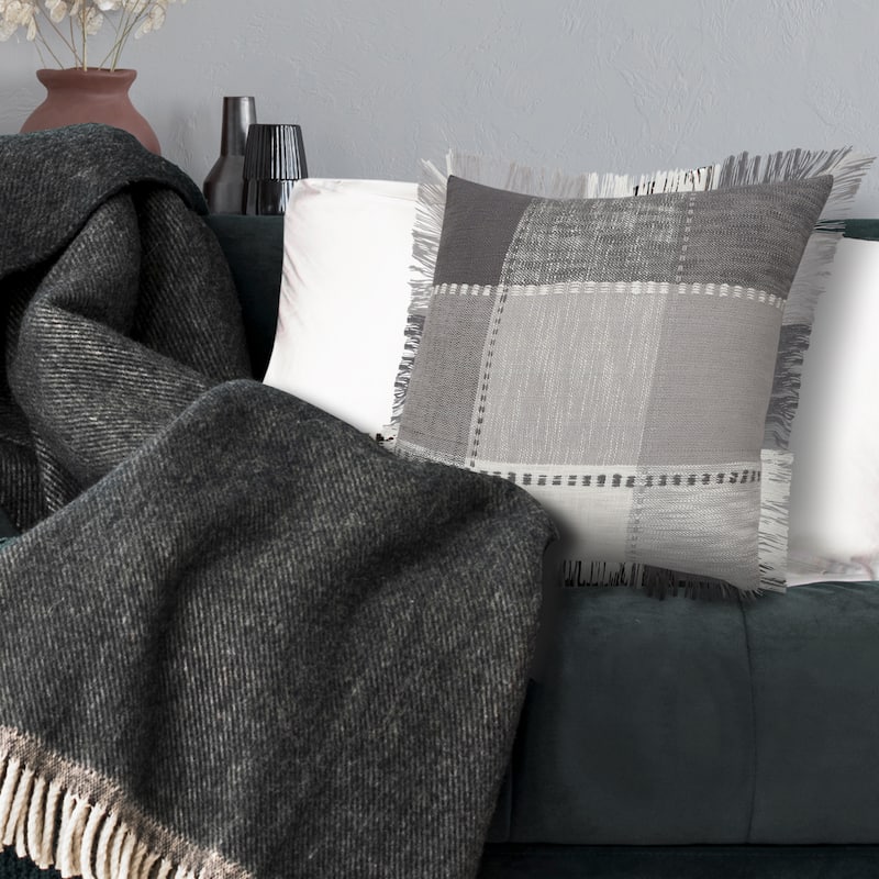 Sevita Monochrome Patchwork Plaid Throw Pillow with Fringe - Accent - 20" x 20" - Polyester - Dark Gray/Light Gray/White/Pink - Single