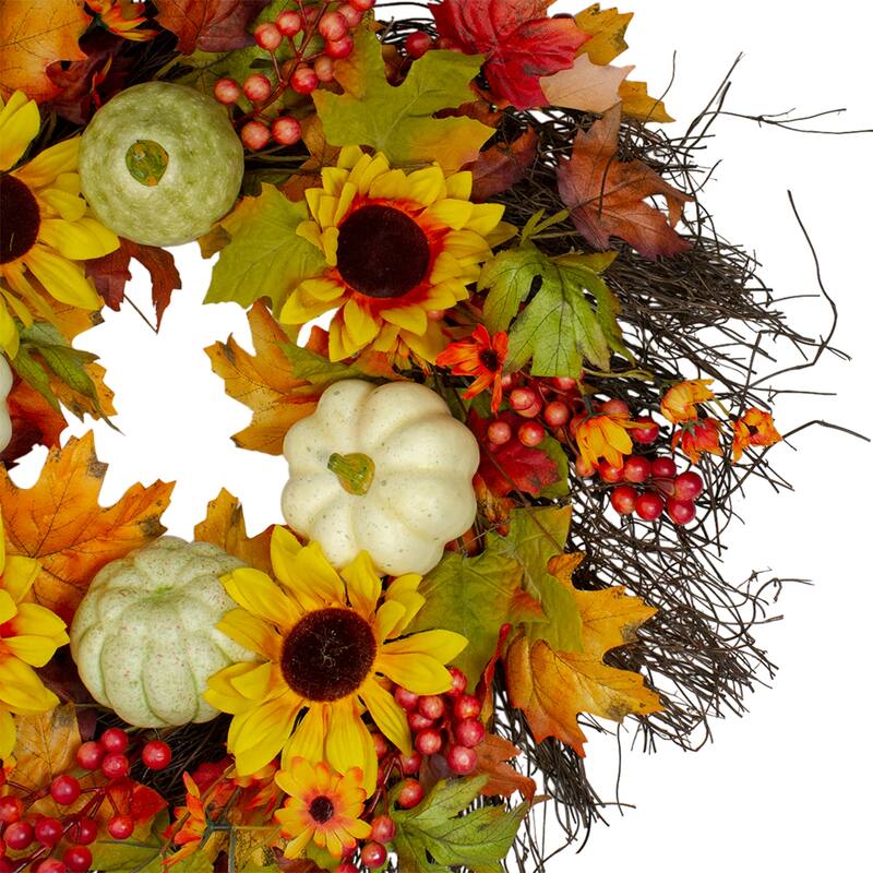 Sunflowers and Gourds Artificial Fall Harvest Wreath - 26" - Unlit