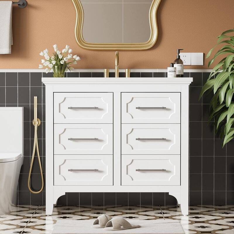36'' Bathroom Vanity with Resin Sink Combo, Free Standing Solid Wood Frame Bathroom Vanity Cabinet with 4 Storage Drawers