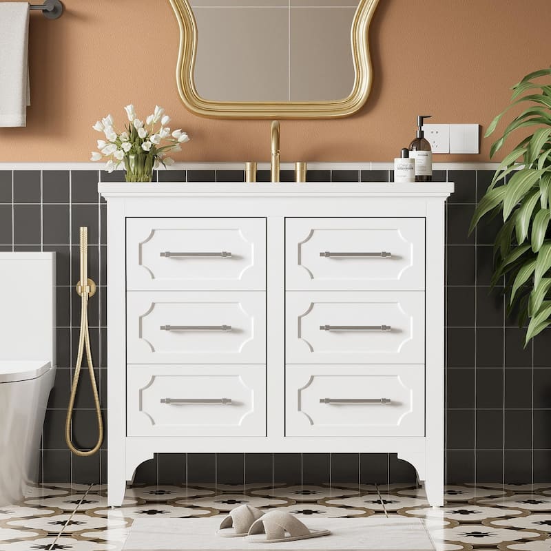 36'' White Bathroom Vanity Free Standing Single Vanity Set with Four Drawers
