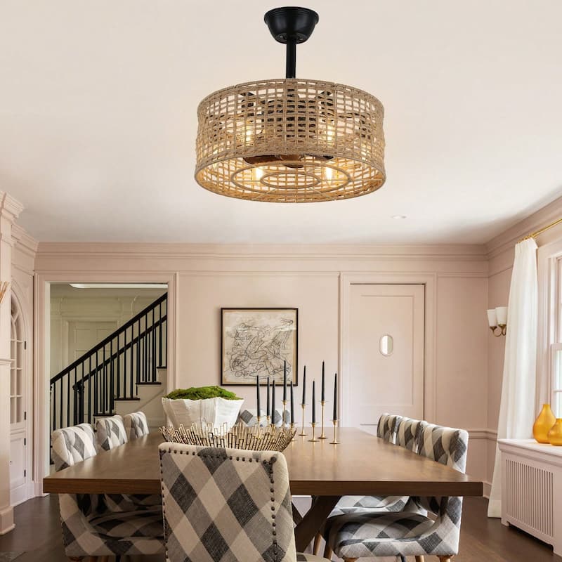 Cusp Barn 18" Farmhouse Caged Ceiling Fan with Light and Remote, Boho Rattan 3 Speeds Reversible Ceiling Fan for Bedroom