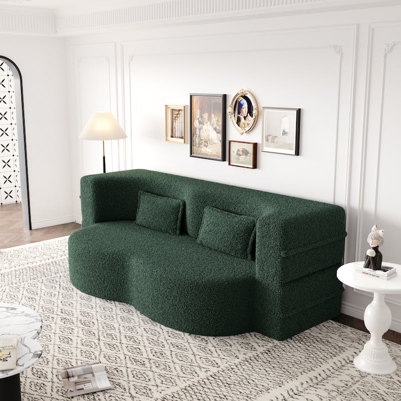 Convertible Green Teddy Fabric Foam-Filled Floor Sofa Bed with 2 Pillows, No Assembly Required