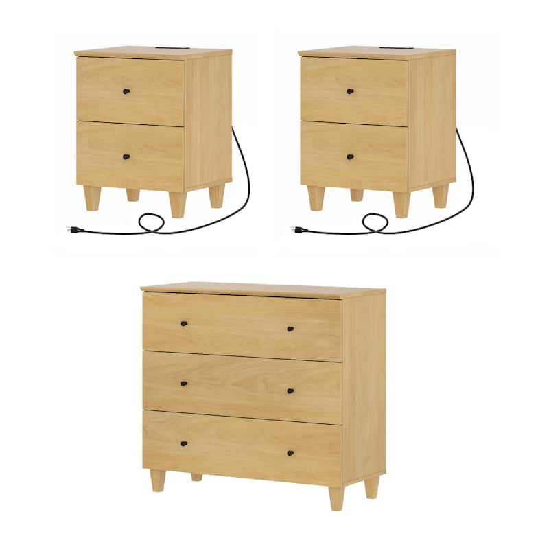 WAMPAT 3-Drawer Dresser and Nightstands Set of 3 for Bedroom - Oak - 3 Piece