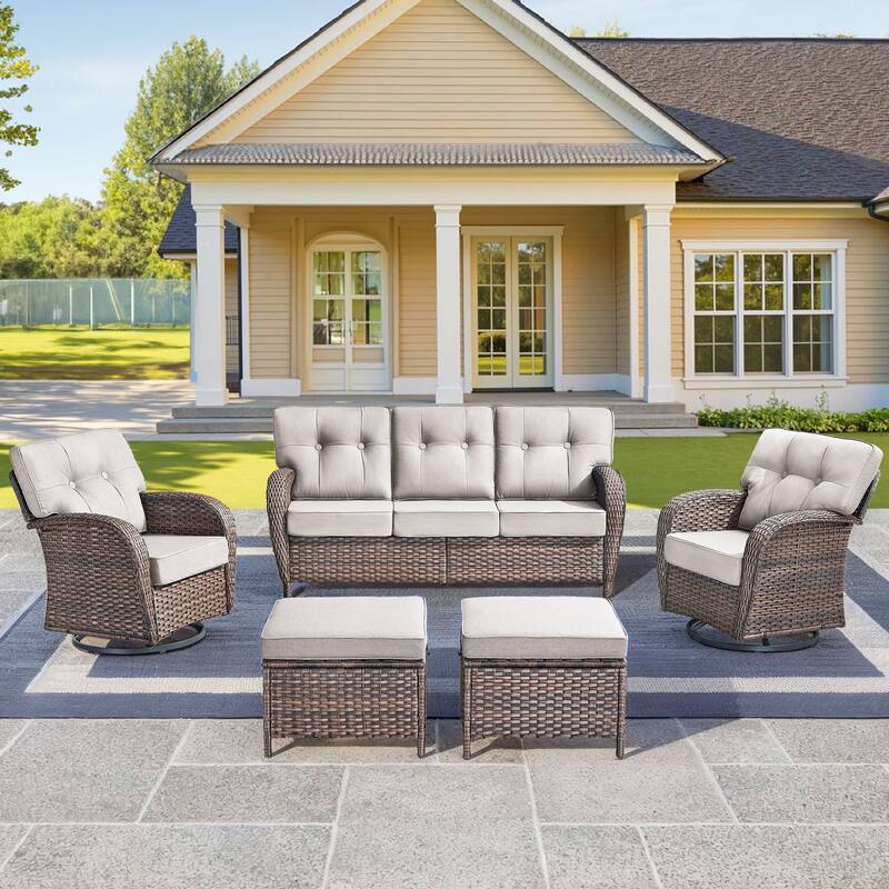 5 Pieces Pocassy Sofa Ottoman with Swivel Chairs - Brown Wicker & Beige Cushion