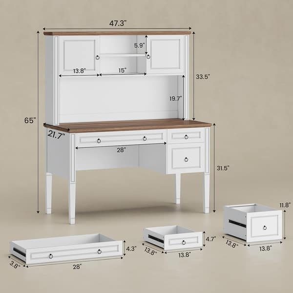 dimension image slide 15 of 30, Farmhouse Executive L Shaped Desk Home Office Desk with Drawers and Storage Cabinet & Power Outlet