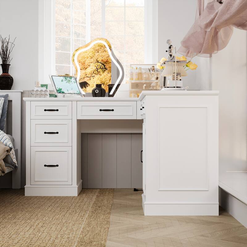 White Corner Vanity Desk: 2 - in - 1 Makeup & Work Station, Space - Saving Bedroom Vanity Dresser