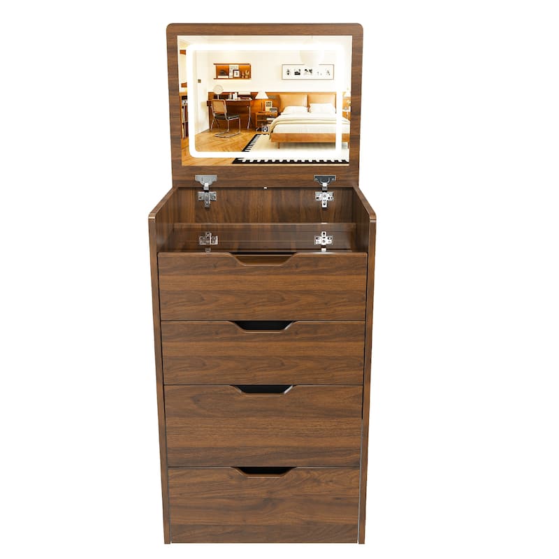 Anmytek Compact Vanity Desk with Flip-Top LED Mirror & Stool Walnut Finish 4-Drawer Nightstand