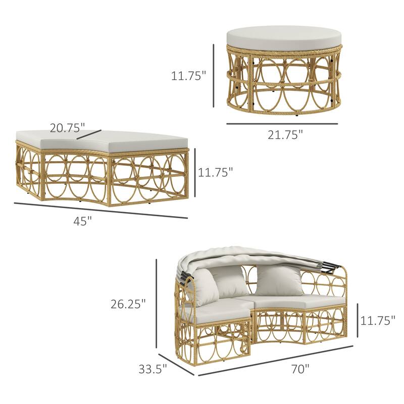 Outsunny Patio Furniture Set, Round Outdoor Daybed with Retractable Canopy, Hollow Wicker PE Rattan Sectional Sofa