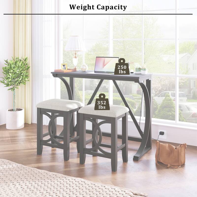 3-Piece Farmhouse Dining Set with USB Port & Stools