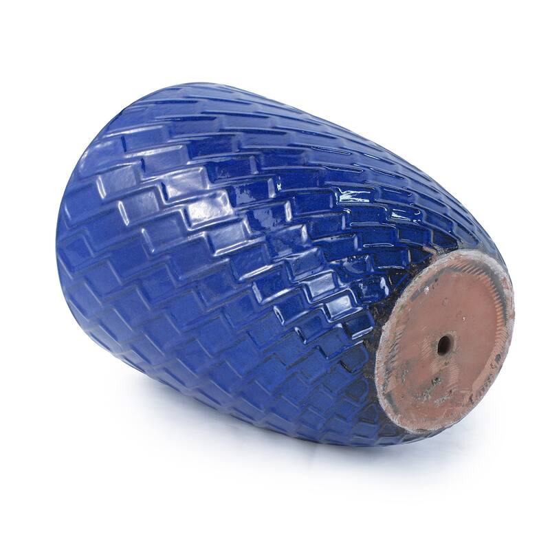Dark Blue Striped Ceramic Planter 16.5 Inch Customizable Outdoor Indoor Flower Pot with Drainage