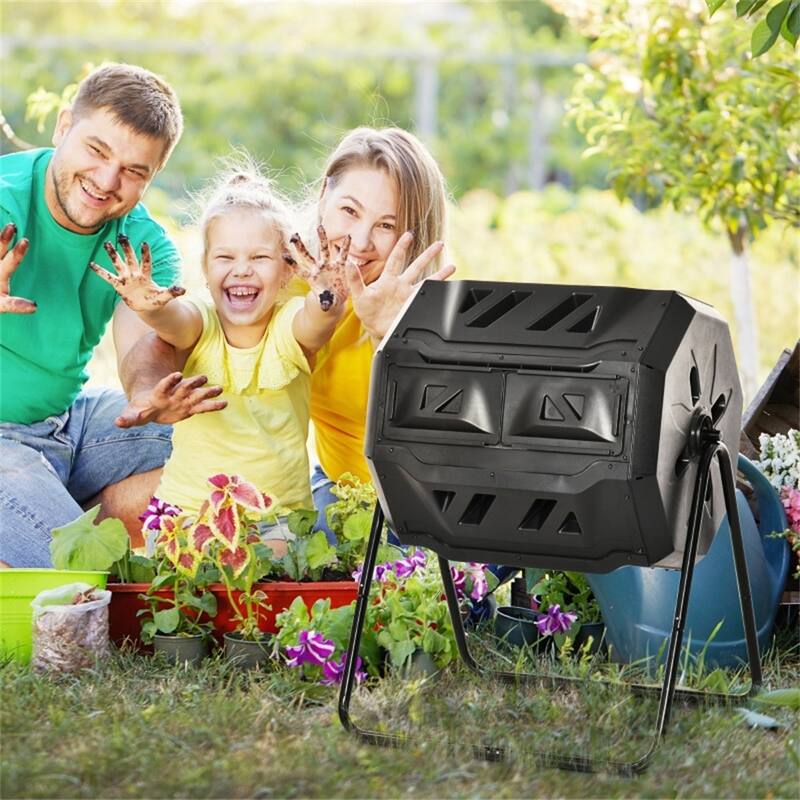 Black Dual-Chamber Compost Tumbler 42 Gallon 360 Degree Rotating Kitchen and Garden Waste Bin with Gloves