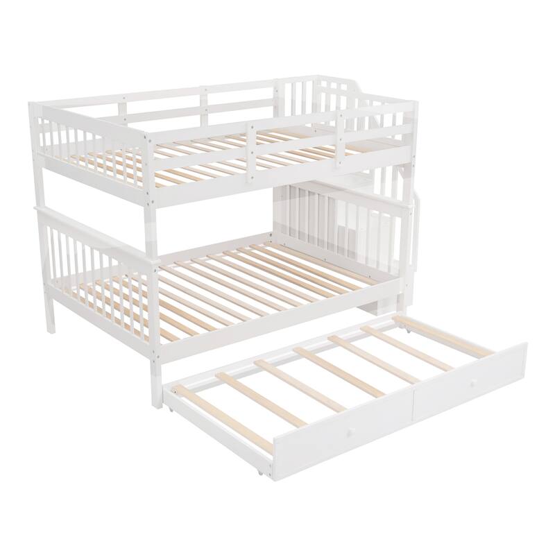 Gray Full-Over-Full Bunk Bed with Twin Trundle, Stairway Storage, Guardrails for Safety, Solid Pine Wood Construction