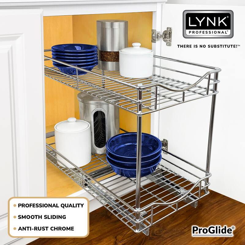 LYNK PROFESSIONAL® Pull Out Cabinet Organizer (2 Tier) Slide Out Drawers for Kitchen Cabinets - 11"D x 21"W - Chrome