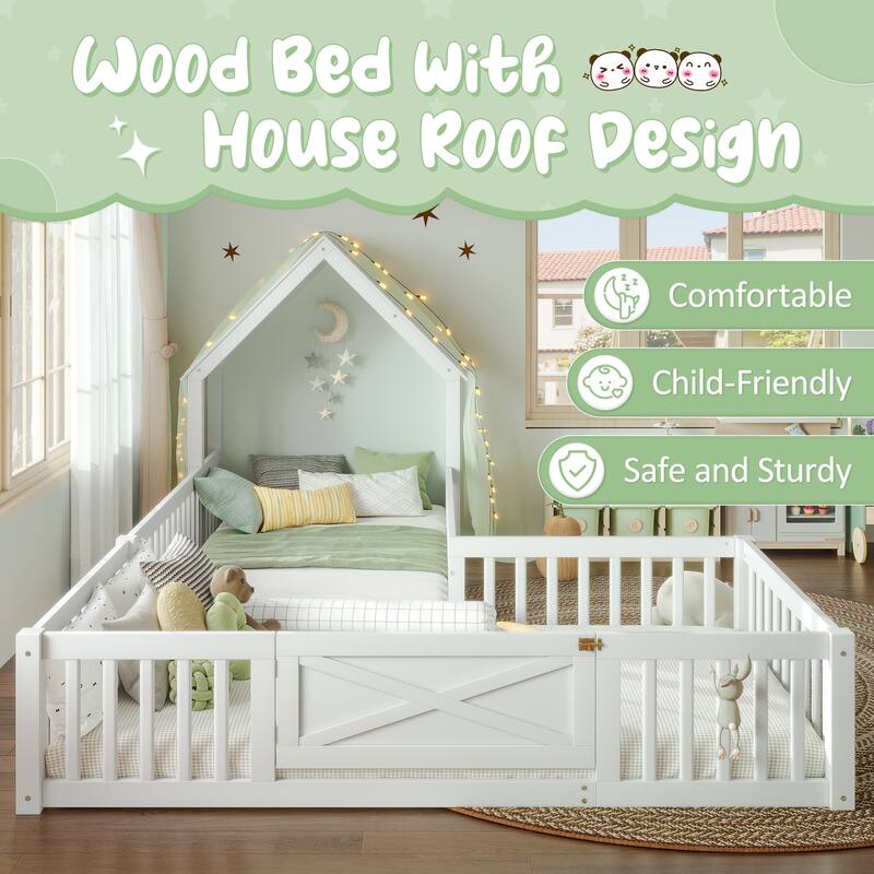 Roomfitters Double House Floor Bed with Door, Solid Wood Frame with Fence Guardrails for Playroom