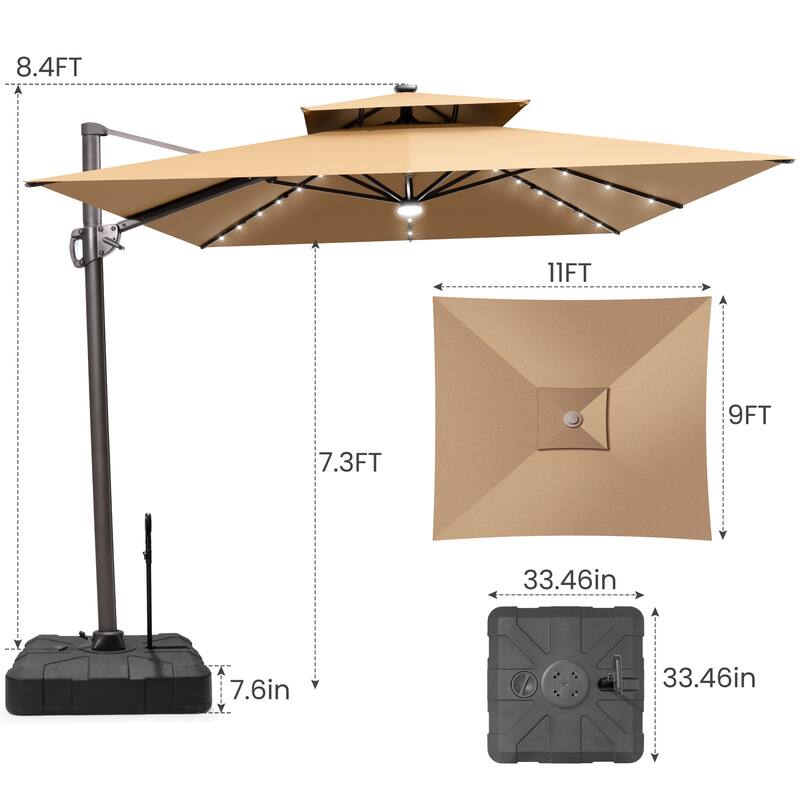 9 x11 FT Outdoor Double Top LED Lighted Patio Cantilever Umbrella with Weighted Base