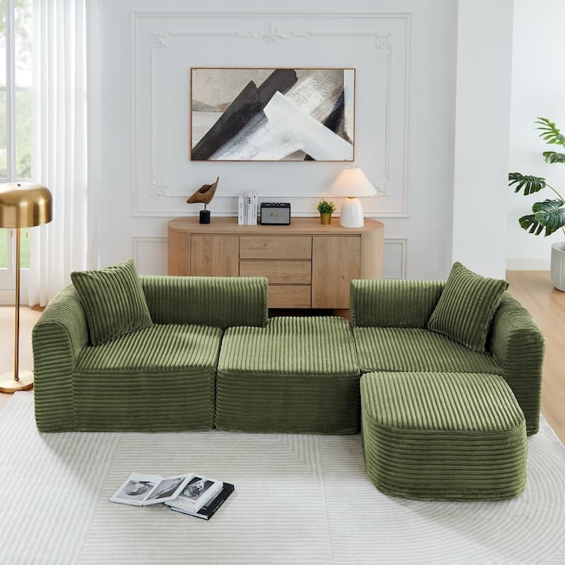 114" Modern Corduroy Modular Sofa with Movable Ottoman for Living Room