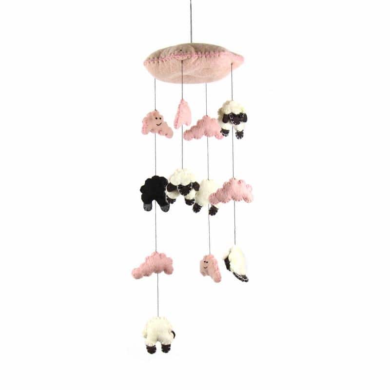 Handmade Felted Wool Counting Sheep Mobile - Global Groove (Nepal) - Pink/White