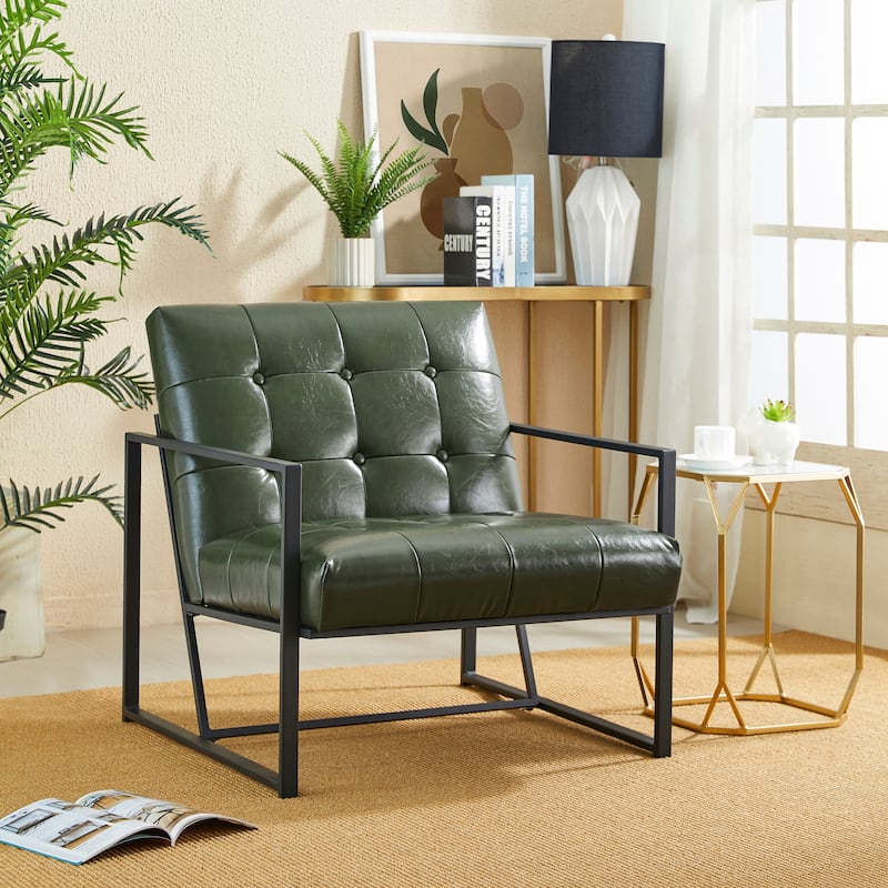 Glitzhome 29.50"W Mid-Century PU Leather Tufted Accent Chair - 29.5"W x 30.5"H x 29.25"D - Hunter Green