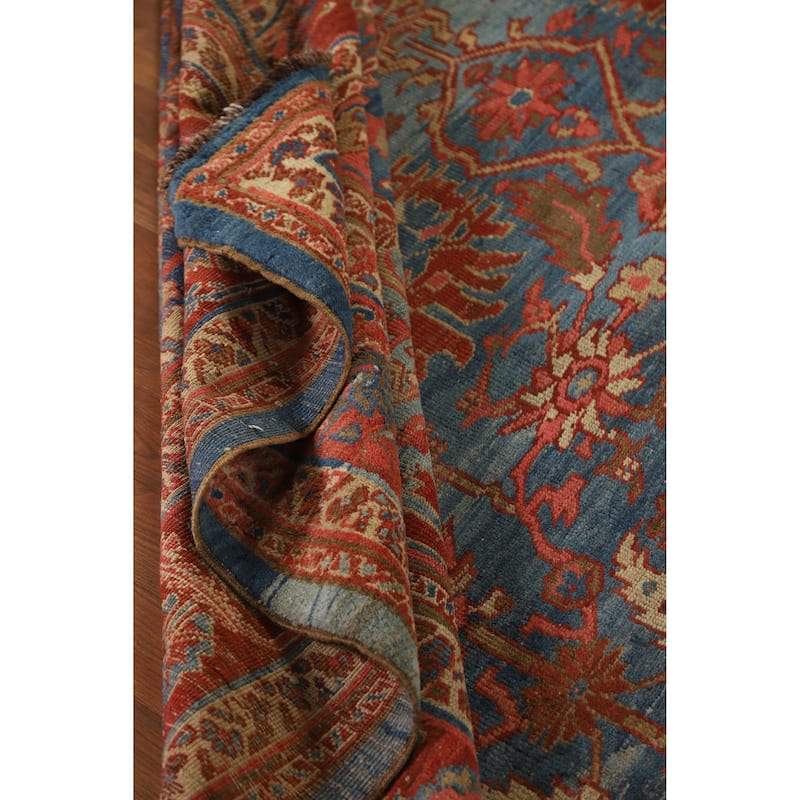 Hand Knotted Oriental 100% Wool Carpet Traditional Floral Navy Blue & Blues Heriz Area Rug - 10' 9'' X 9' 3''