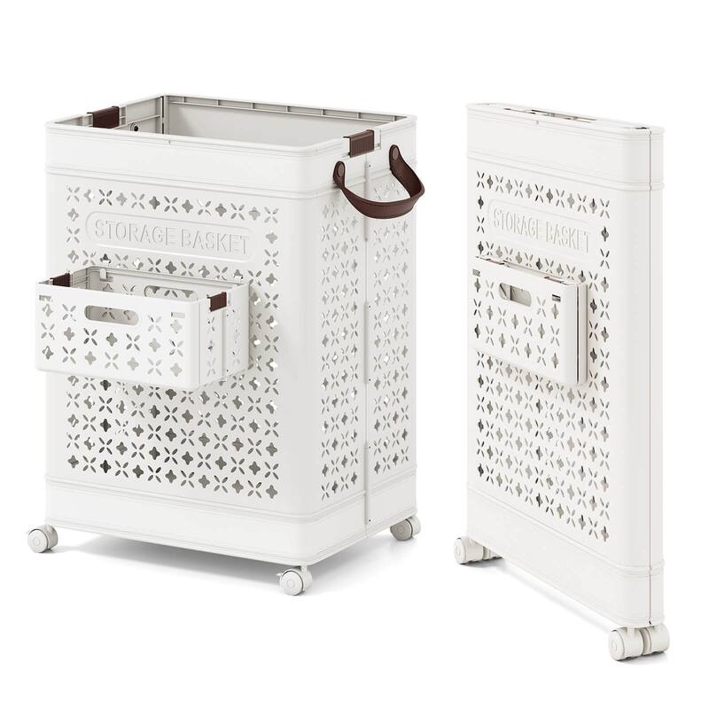 Costway Collapsible Laundry Basket Movable Laundry Cart with Side - See Details - White