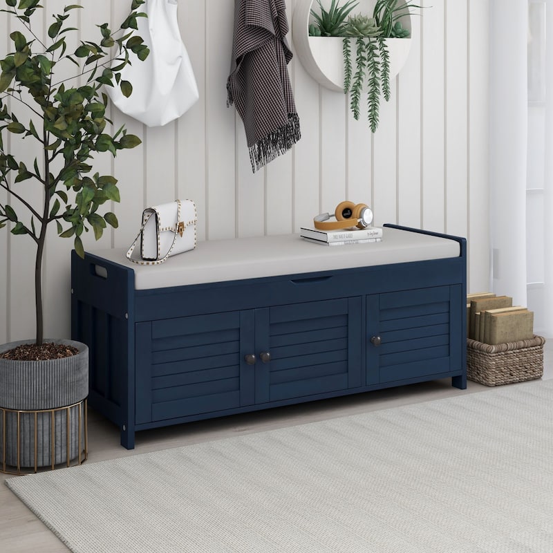 Wood Storage Ottoman Bench 43.50 Inch Entryway Shoe Bench with Adjustable Shelves, Retro Upholstered Bench for Bedroom - Antique Navy