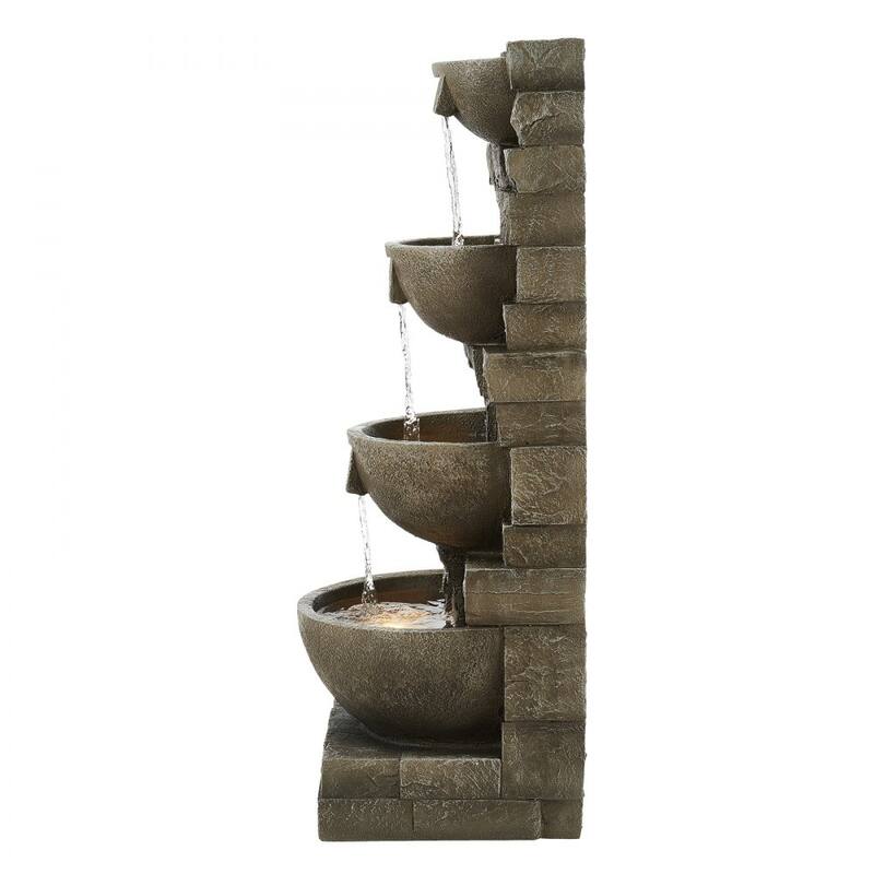 Gray 4-Layer Outdoor Water Fountain for Patio Garden Yard with Soothing Flow and LED Lighting - 15.16 x 13.19 x 35.63 in