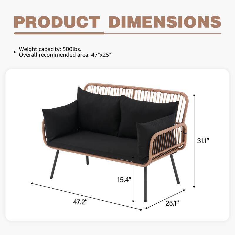 Outdoor Wicker Double Chair with Cushions Conversation Furniture Set