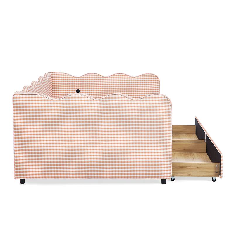Full/Queen Gingham Daybed with 2 Storage Drawers, USB Port & Wave Shaped Linen Fabric