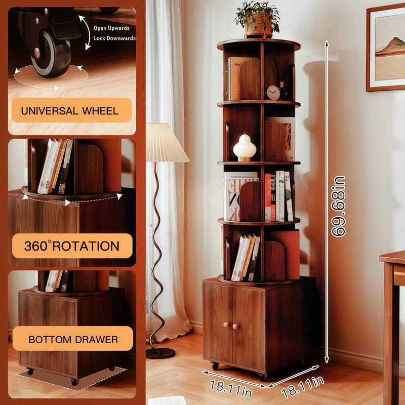 360° Rotating 5-Tier Bookshelf - Compact Corner Design with Storage Drawer for Bedroom/Living Room‌