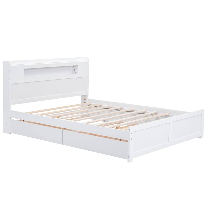 Roomfitters Queen Size Storage Platform Bed with LED Headboard, 2 Drawers and Twin Trundle, Space-Saving