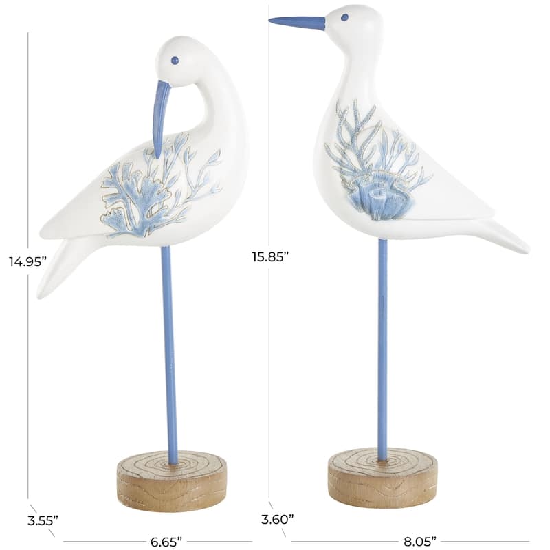 Polystone Bird Decorative Sculpture with Blue Coral Patterns and Wood Inspired Bases - Set of 2 White - Roche River Decor