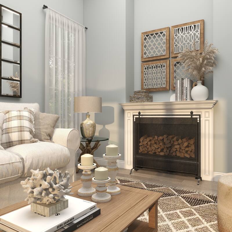 Black Metal Suspended Grid Single Panel Geometric Fireplace Screen with Bolted Detailing