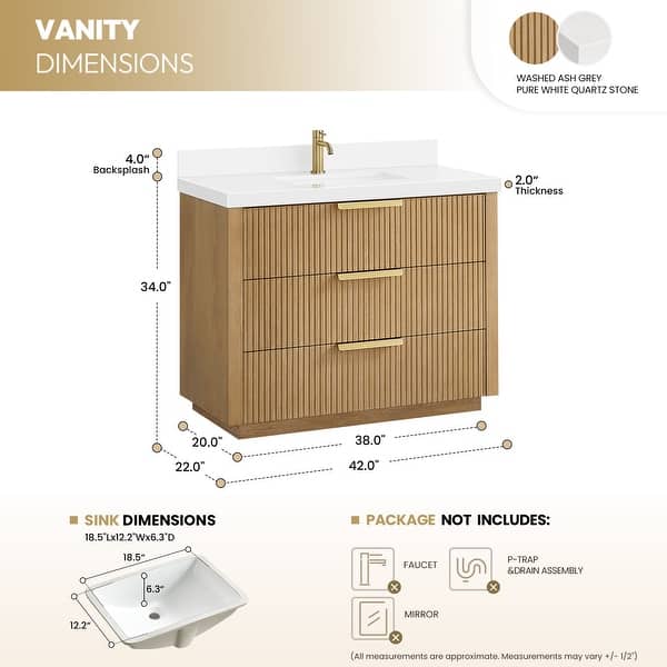 dimension image slide 2 of 8, Santarem Single Vanity with Pure White Quartz Stone Top without Mirror