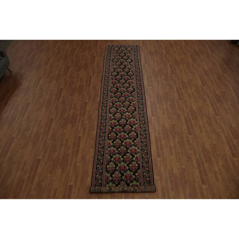 Hand Knotted Oriental 100% Wool Carpet Traditional Floral Black Karabagh Runner Rug - 17' 11'' X 3' 5''