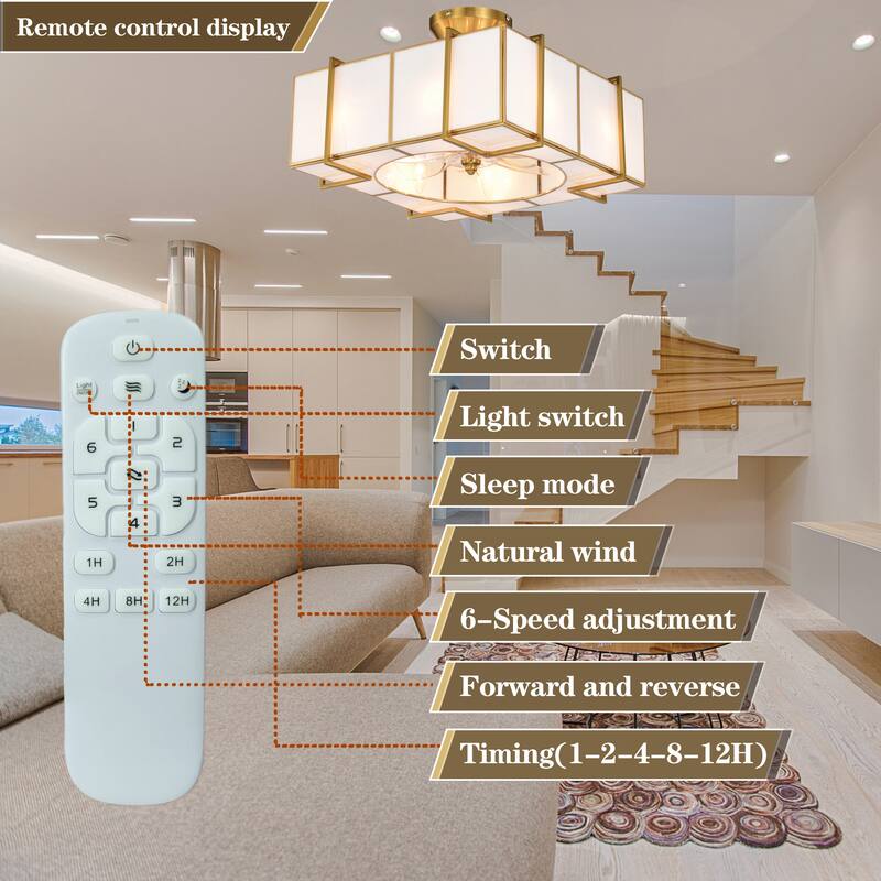 Olapine Square White Gold Trim Tiffany Glass Lighted Ceiling Fandelier with Remote