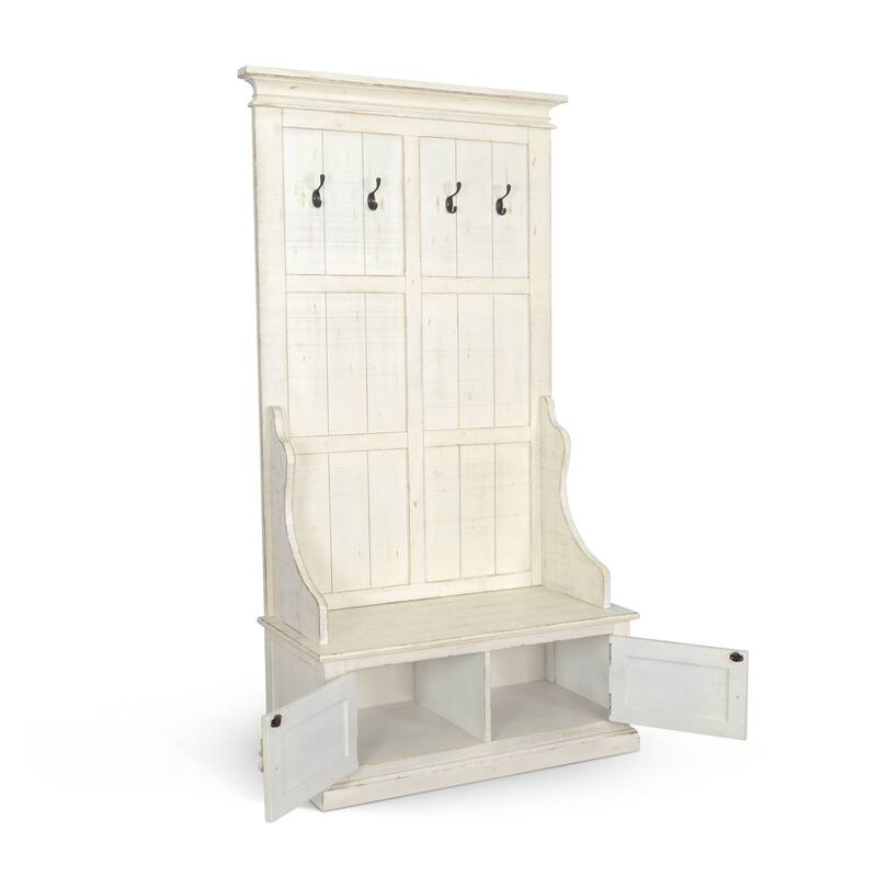 Mary Accent Hall Tree Coat Rack with Bench, 4 Hooks, Farmhouse White