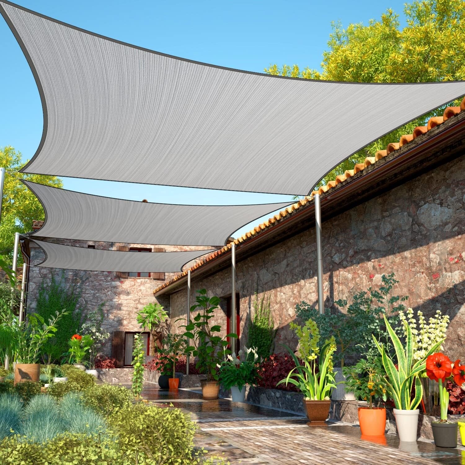 7' x 16' Grey Rectangle Sun Shade Sail, UV Resistant & Water Permeable, Heavy Duty Outdoor Canopy Fabric