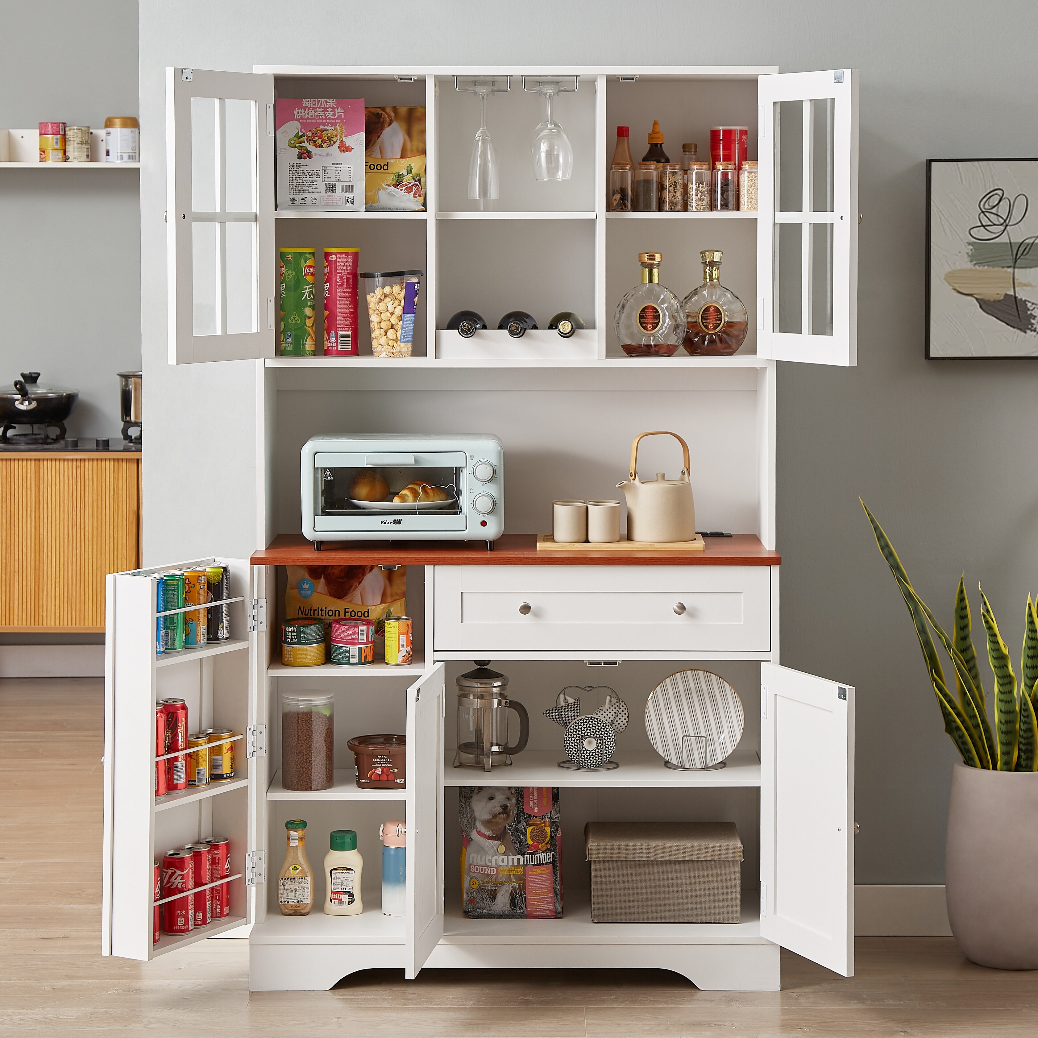 家具 sweetback Kitchen Pantry Storage Cabinet, Modern Buffet Cabinet with Hutch