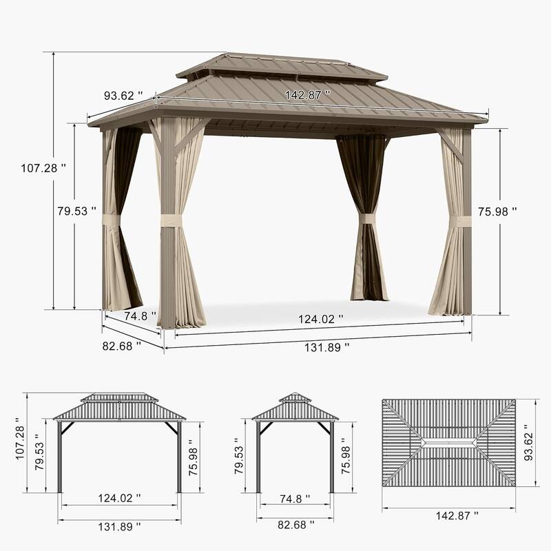 PURPLE LEAF Outdoor Hardtop Gazebo Champagne Metal Frame Galvanized Steel Double Roof with Curtains and Netting for Poolside