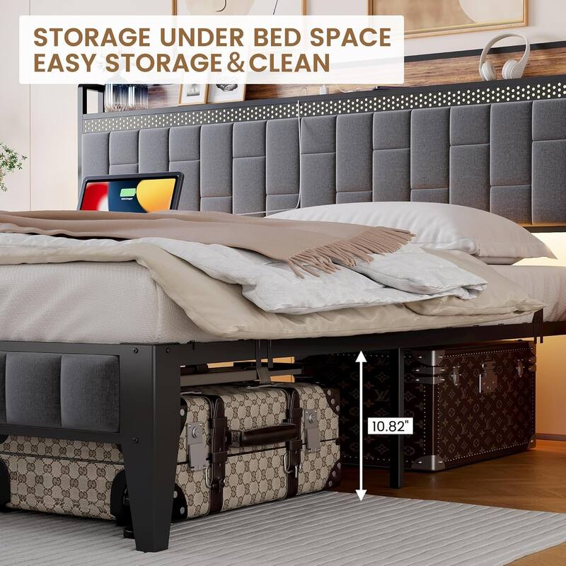 Gray Upholstered Bed Frame with LED Lights, Charging Station & Storage Headboard, No Box Spring Needed