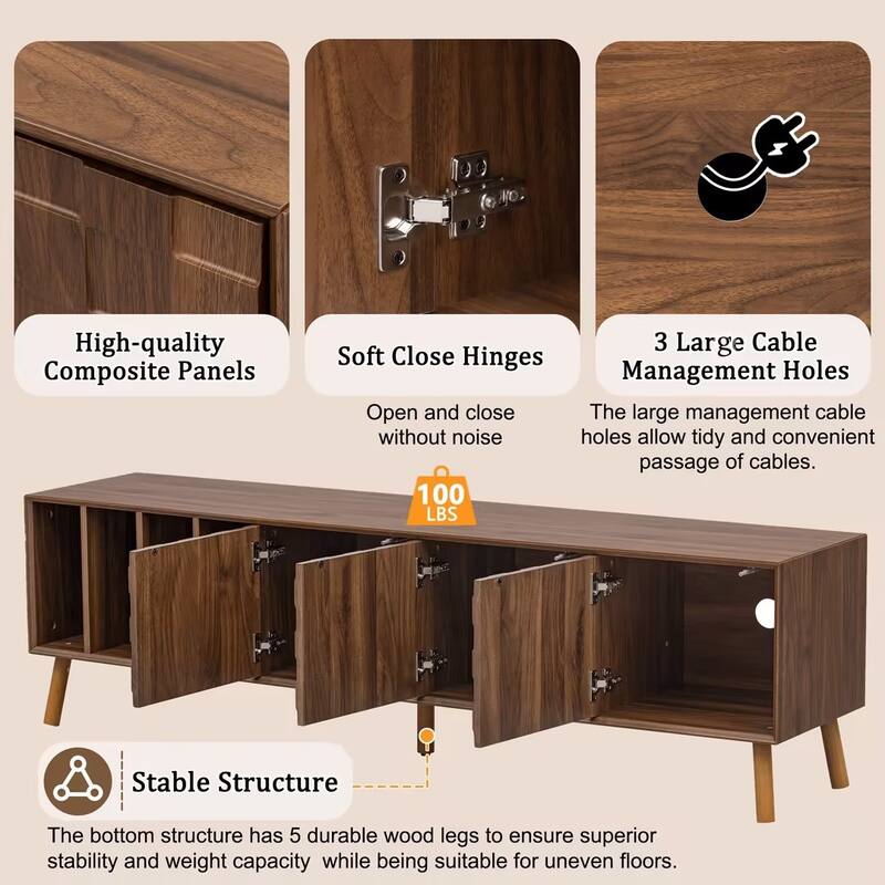 70" 3 Doors TV Stand, Media Console Table for TVs up to 80", Entertainment Center with 5 Solid Wood Legs Storage TV Cabinet