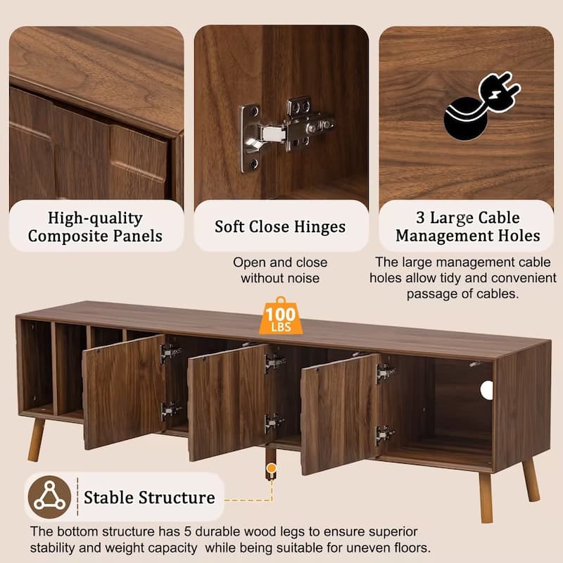 TV Stand with Sliding Doors and Shelves, Entertainment Center with Storage, Media Console Table with 5 Solid Wood Legs