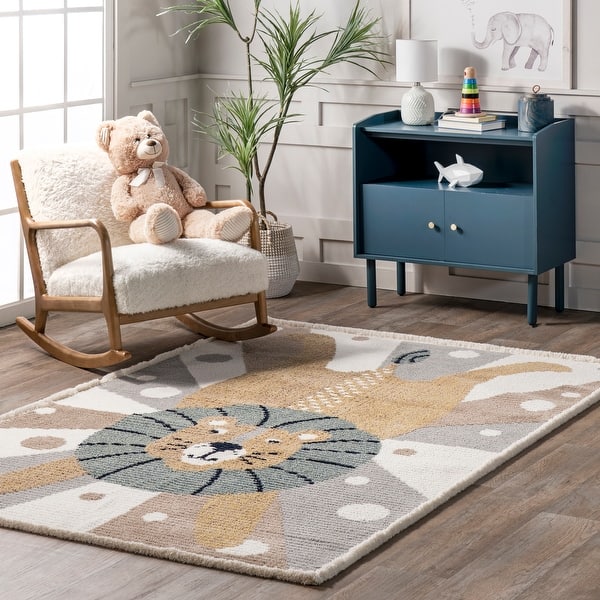 slide 2 of 9, Nuloom Brodie Cheerful Lion Kids Area Rug 3' x 5' - Light Grey - Rectangle