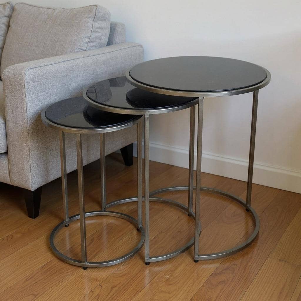 HomeRoots Set of Three Black and Gray Marble and Iron Round Frame Nested Tables - 17.5 in. x 22 in. x 17.5 in.