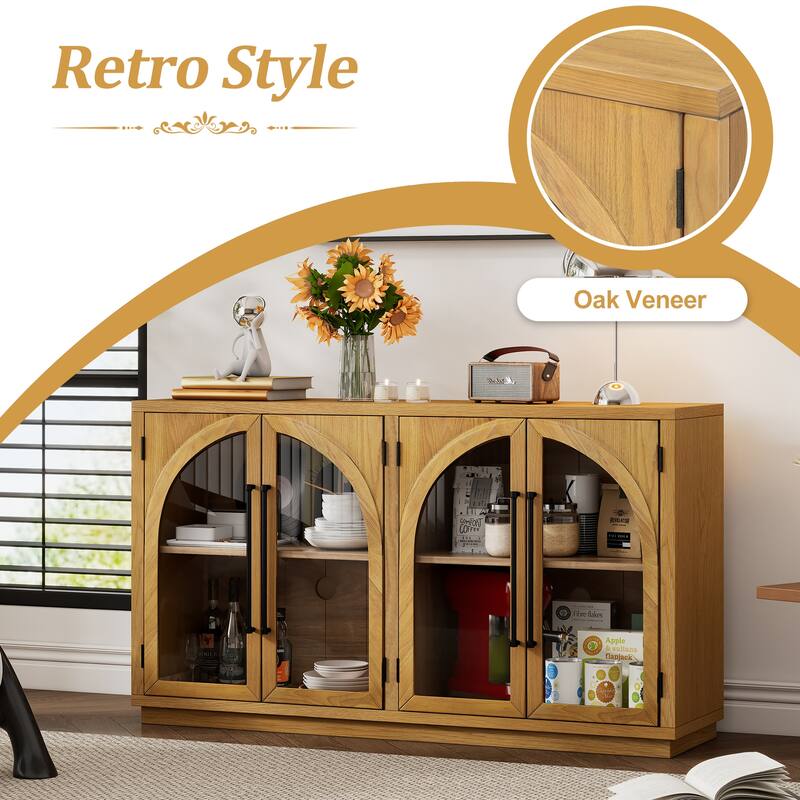 4-Door Large Storage Sideboard with Arched Glass Doors and Metal Handles, Wooden Buffet Storage Cabinet with Adjustable Shelves