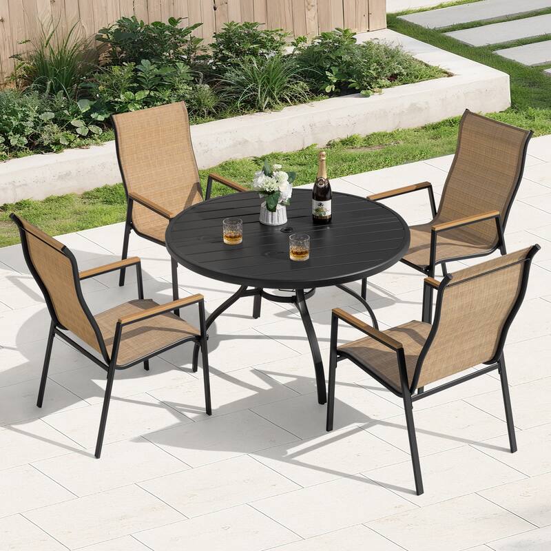 5-Piece Textilene Patio Dining Set with Umbrella Hole, Stackable Design - Iron round table