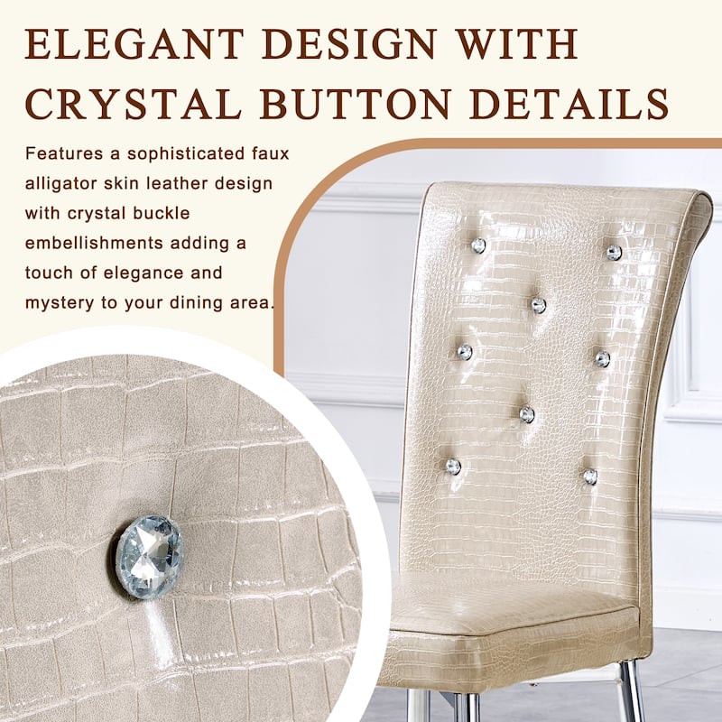 A set of 2 vintage crocodile leather cushioned dining chairs, featuring crystal clasp design and artificial leather design