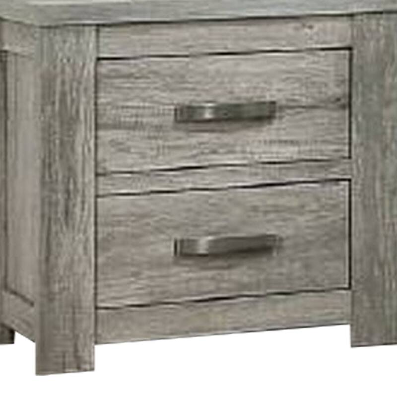 Wooden Nightstand with Two Drawers and Metal Bar Handles, Grey